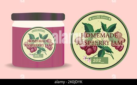 Etikett für hausgemachte Marmelade. himbeermarmelade Verpackung. Vector Himbeere. Stock Vektor