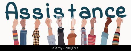 Hands up Gruppe Menschen unterschiedlicher Kultur mit Briefen bilden Text -Hilfe- Hilfe Beratung Service oder Hilfe concept.Volunteers, die help.Charity Stock Vektor