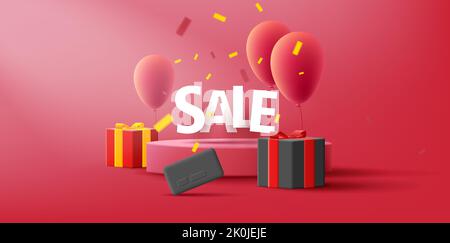 Promo 3D Illustration mit Sockel mit Luftballons und Geschenkboxen mit Verkauf Typografie Stock Vektor