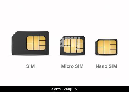 Vector 3D realistische schwarze Kunststoff-SIM, Micro-SIM, Nano-SIM-Karte Template-Set isoliert. Design-Vorlage der SIM-Karte für Mockup, Branding. Vorderansicht Stock Vektor