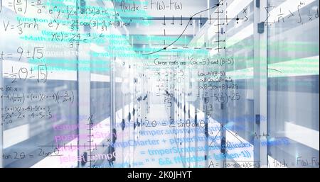 Bild von mathematischen Gleichungen und Datenverarbeitung über Computerserver Stockfoto