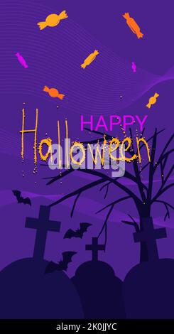 Happy Halloween Text auf Nacht Friedhof Hintergrund mit Fledermäusen und Süßigkeiten Stock Vektor