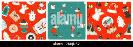Handgezeichnete Vektor abstrakte Grafik Frohe Weihnachten und Happy New Year Cartoon, Illustrationen nahtlose Muster Sammlung mit Weihnachtsmann, Geschenkbox Stock Vektor