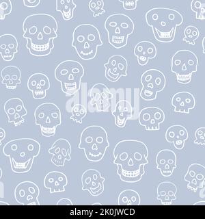 Doodle Halloween Sculls nahtloses Muster. Skizzieren Sie das Skelett auf blauem Hintergrund. Von Hand gezeichneter gruseliger Schädel. Mystischer Skizzencharakter. Vektordarstellung Stock Vektor
