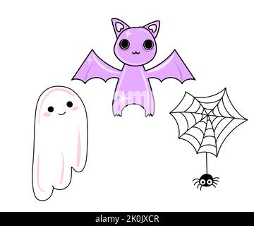 Vektor Niedliches Set von halloween-Ikonen im flachen Stil. Lila Monster, Geist, Spinne im Netz. Stock Vektor
