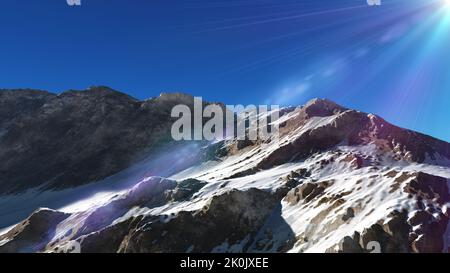 Mountain Snow Sun Ray Illustration, 3d Rendering Stockfoto