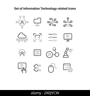 Sammlung von Symbolen für die Informationstechnologie-Linie. UI-Symbol in flachem Design. Symbole mit dünner Kontur. Stock Vektor