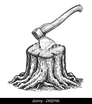 Stumpf mit eingeklemmten Axt-Skizzen. Holzschnitt und Holzschnitt. Holzfäller zum Schneiden von Holz. Zimmerei, natürliches Holz Stock Vektor