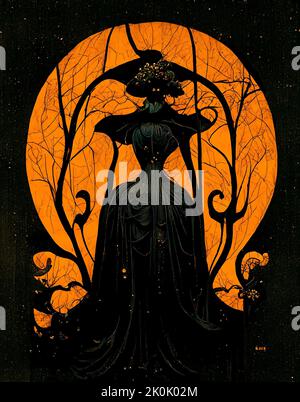 Schwarze Silhouette von Halloween Hexe, orangefarbenem Mond Kürbis, toten Bäumen und Spinnweben Stockfoto