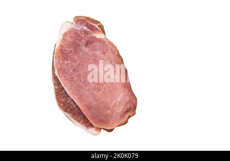 Isolierte Ansicht von oben von zwei frischen Schweinefilets auf weißem Hintergrund. Flaches, frisches Schweinelende-Steak. Stockfoto