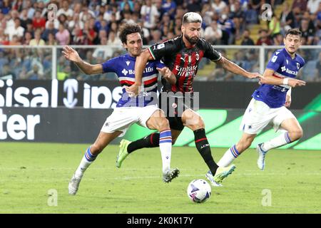 Foto Tano Pecoraro/LaPresse 10 Settembre 2022 - Genua, Italia Sport, CalcioSampdoria vs Milan - Campionato italiano di calcio Serie A Tim 2022/2023 - Stadio Luigi FerrarisNella foto: augello, GiroudFoto Tano Pecoraro/LaPresse 10. September 2022 - Genua, Italien Sport, Fußball Sampdoria vs Milan - Italienische Serie A Fußballmeisterschaft 2022/2023 - Luigi Ferraris StadiumAuf dem Foto: augello, giroud Stockfoto