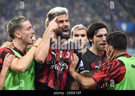 Foto Tano Pecoraro/LaPresse 10 Settembre 2022 - Genua, Italia Sport, CalcioSampdoria vs Milan - Campionato italiano di calcio Serie A Tim 2022/2023 - Stadio Luigi FerrarisNella foto: Esultanza giroudPhoto Tano Pecoraro/LaPresse 10. September 2022 - Genua, Italien Sport, Fußball Sampdoria vs Milan - Italienische Serie A Fußball-Meisterschaft 2022/2023 - Luigi Ferraris Stadion auf dem Foto: giroud Jubel Stockfoto