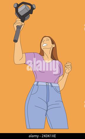Eine Illustration einer Videobloggerin, die sich mit einer Kamera auf einem Stick aufzeichnet. Isoliert auf einem orangefarbenen Hintergrund. Stock Vektor