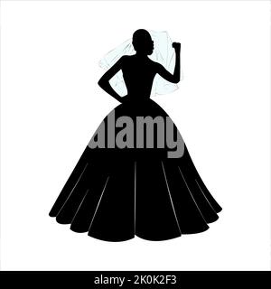 Braut hält Schleier Silhouette. Weibliche Silhouette in einem üppigen Kleid auf weißem Hintergrund. Vektorgrafik Stock Vektor