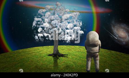 Astronaut in surrealer Landschaft mit Wolken Baum. 3D Rendern Stockfoto