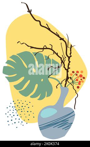 Abstrakte Poster mit Vasen. Trendige Stillleben-Collage mit Topf, Pflanze und Vase. Handgezeichnetes minimalistisches Formvektorset. Illustration Topf mit Blume Stock Vektor