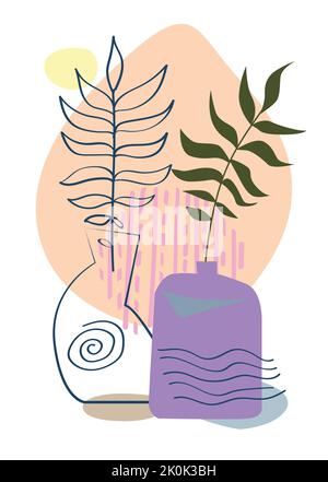 Abstrakte Poster mit Vasen. Trendige Stillleben-Collage mit Topf, Pflanze und Vase. Handgezeichnetes minimalistisches Formvektorset. Illustration Topf mit Blume Stock Vektor