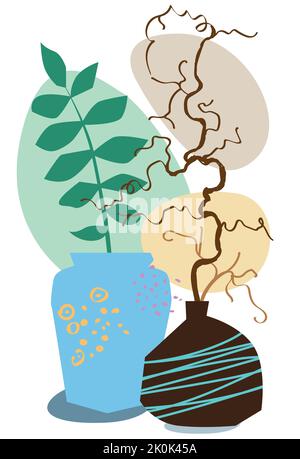 Abstrakte Poster mit Vasen. Trendige Stillleben-Collage mit Topf, Pflanze und Vase. Handgezeichnetes minimalistisches Formvektorset. Illustration Topf mit Blume Stock Vektor