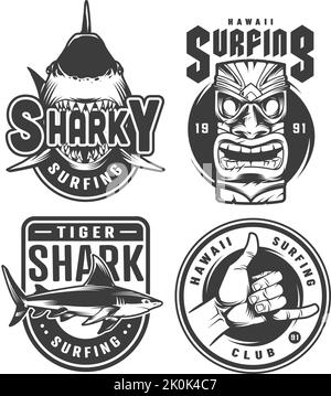 Die verschiedenen Surf-Abzeichen und Embleme isoliert auf weißem Hintergrund. Stock Vektor