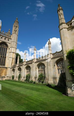 Ein Blick auf die Rückseite der vorderen Steinwand im gotischen Stil. An der King's College in Cambridge, England, Vereinigtes Königreich. Stockfoto