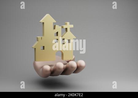 Schöne abstrakte Illustrationen Goldene Hand hält Halloween-Kirche Symbol-Symbol auf einem grauen Hintergrund. 3D Rendering-Illustration. Hintergrundmuster Stockfoto