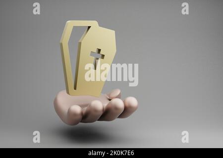 Schöne abstrakte Illustrationen Goldene Hand hält Halloween RIP Symbol Symbol auf einem grauen Hintergrund. 3D Rendering-Illustration. Hintergrundmuster für Stockfoto
