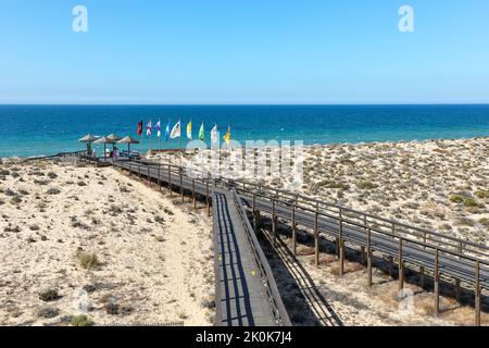 Touristen, die auf dem Holzsteg zum Strand und über das Naturschutzgebiet Parque Natural da Ria Formosa in der Nähe von Quinta do Lago gehen Stockfoto