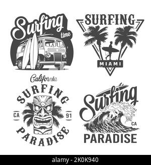 Die verschiedenen Surf-Abzeichen und Embleme isoliert auf weißem Hintergrund. Stock Vektor
