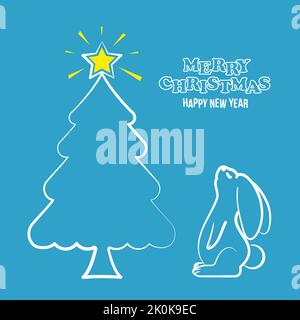 Das Kaninchen schaut auf den hellen Stern des Weihnachtsbaums. Konzept für eine Postkarte oder Einladung zu einem Urlaub im flachen Stil Stock Vektor