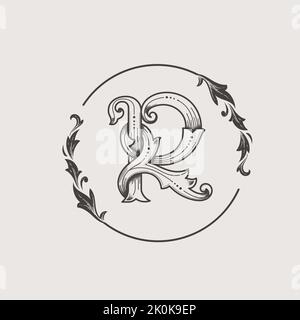 Ein Vintage-Ornament-Buchstabe R mit floralem Zierrahmen Stock Vektor