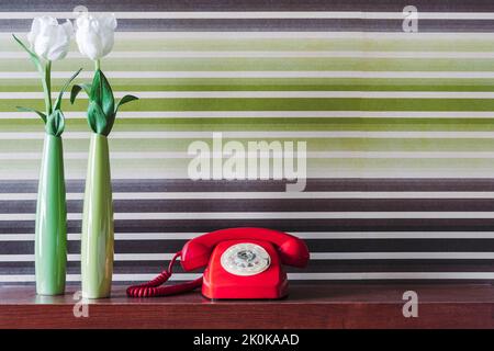 Weiße Tulpen in grünen Vasen, die neben einem altmodischen roten Telefon auf einem Holztisch an einer farbenfrohen Wand angebracht sind Stockfoto