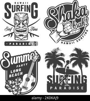 Die verschiedenen Surf-Abzeichen und Embleme isoliert auf weißem Hintergrund. Stock Vektor
