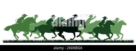 Cowboys reiten Pferde auf Gras. Bildsilhouette. Reiter auf dem Pferderücken. Isoliert auf weißem Hintergrund. Vektor. Stock Vektor