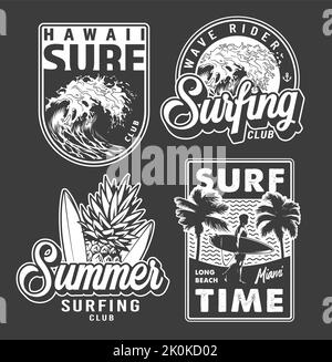 Die verschiedenen Surf-Abzeichen und Embleme isoliert auf dunklem Hintergrund. Stock Vektor
