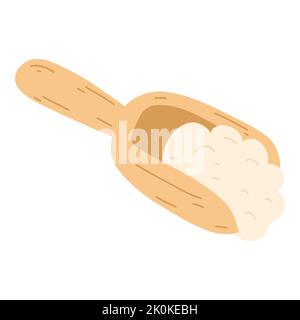 Holzlöffel mit Mehl in handgezogener flacher Form. Vektordarstellung von Getreide, Zucker, Pulver, Kokosflocken Stock Vektor