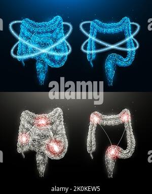 Polygonale Vektordarstellung eines entzündeten menschlichen Darms und Wiederherstellung der Darmfunktion. Interne Organe mit niedrigem Poly-Design. Medizinisches Banner, tem Stock Vektor