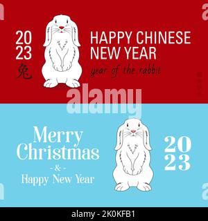 Ein Satz von Grußkarten Frohe Weihnachten, ein glückliches neues Jahr und ein niedliches Kaninchen Symbol des Jahres 2023 Stock Vektor