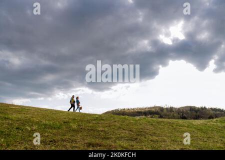 Glücklicher junger Mann mit Down-Syndrom und seiner Mutter, die in der Natur zusammenläuft. Stockfoto