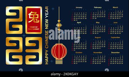 Tischkalender für 2023 im asiatischen Stil. Frohes chinesisches neues Jahr. Übersetzung aus dem Chinesischen - Kaninchen, Jahr des Kaninchens Stock Vektor