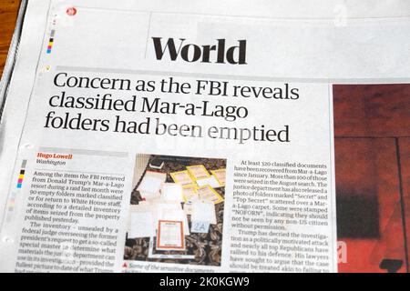 „Sorge, da das FBI enthüllt, dass klassifizierte Mar-a-Lago-Ordner geleert wurden“, titelte die Zeitung Guardian mit der Schlagzeile von Donald Trump Investigation 3. September 2022 Großbritannien Stockfoto