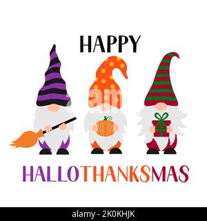 Happy Hallodhanksmas. Lustige Halloween Thanksgiving Weihnachtsgnome. Vektor-Vorlage für Typografie Poster, Banner, Postkarte, Hemd, etc. Stock Vektor