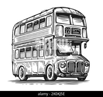 Handgezeichnete Skizze retro London Bus. Öffentlicher Nahverkehr in England. Vintage Vektorgrafik isoliert auf Weiß Stock Vektor