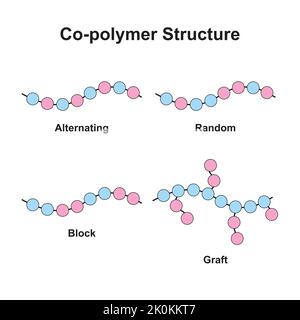 Wissenschaftliche Gestaltung von Copolymer-Strukturtypen. Alternierend, zufällig, Block und Graft. Bunte Symbole. Vektorgrafik. Stock Vektor