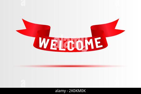 Willkommen rot Band Satin Banner Logo Gruß flach. Retro vintage Band Zeichen begrüßen Eröffnung Veranstaltung Nachricht Poster festlich Grußkarte Party Einladung hallo Papier Element Urlaub Dekor isoliert Stock Vektor