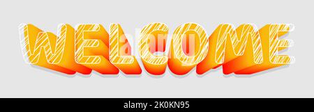 Willkommen Heller gestrichelter Scribble-Schriftzug festlich isometrisch flach. Orange Grafik Zeichen weiß linear schattiert Schule Studie Banner Urlaub bunt Kinder Spaß abstrakt 3D Tapete halloween Geburtstag Stock Vektor