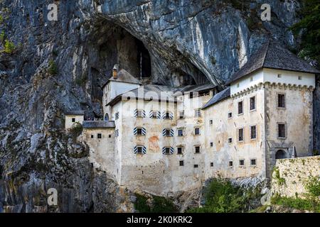 Das einzigartige Predjama Schloss, das in einer Höhlenmündung erbaut wurde. Das Foto wurde am 3.. September 2022 in einer historischen Region in Innerkrain, in der Nähe von Predjama, aufgenommen Stockfoto