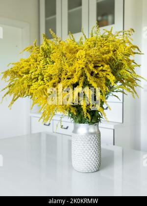 Stillleben von solidago goldenrod Wildblumen in einer Vase auf einem weißen Küchentisch. Gelbe Blume Stockfoto