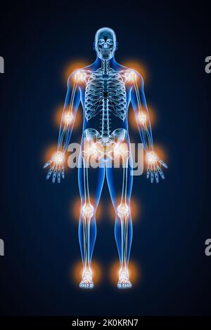 Vorder- oder Vorderansicht des menschlichen Skeletts mit Gelenkschmerzen oder Entzündungen 3D Darstellung. Pathologie, Anatomie, Medizin, Gesundheitswesen, Arthiris Stockfoto