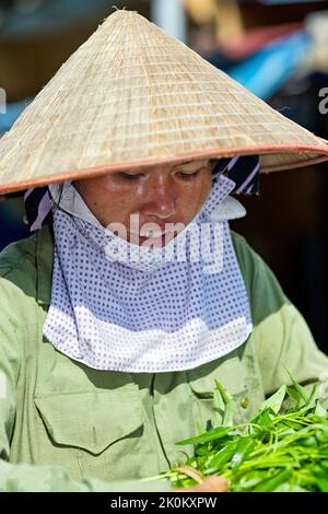 Vietnamesischer Anbieter mit Bambushut, der auf dem Straßenmarkt unter freiem Himmel, Hai Phong, Vietnam, arbeitet Stockfoto