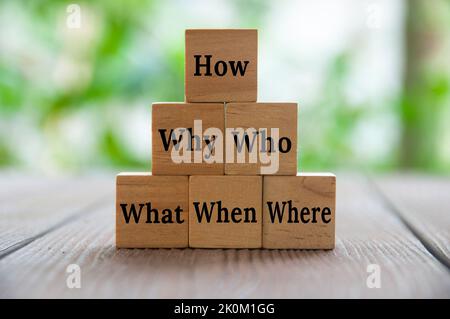Text auf Holzblöcken mit verschwommenem Naturhintergrund - wie, Warum, Was, Wann, wo, Wer. Fact Finding-Konzept. Stockfoto